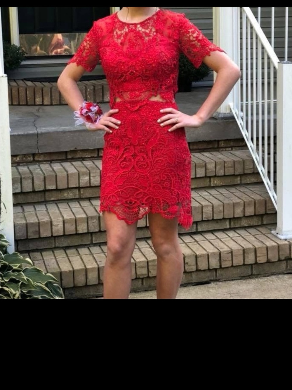 Jovani Red Lace Short-Sleeve Cocktail Dress